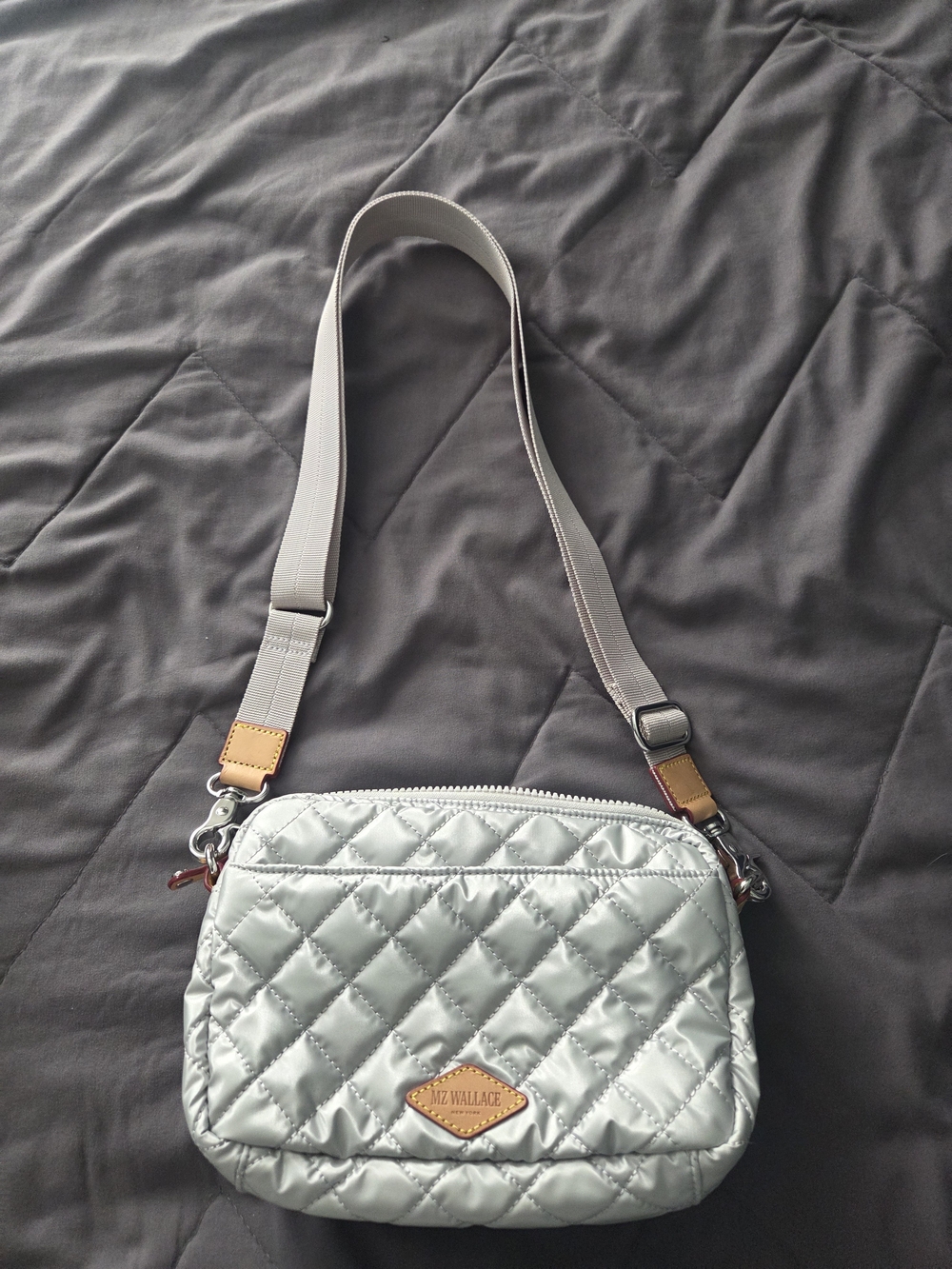 MZ Wallace Quilted Crossbody Bag - Light Gray with Tan Accents - Picture 2 of 3